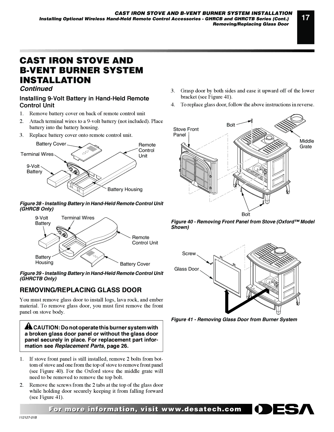 Desa SBVBP installation manual REMOVING/REPLACING Glass Door, Installing 9-Volt Battery in Hand-Held Remote Control Unit 