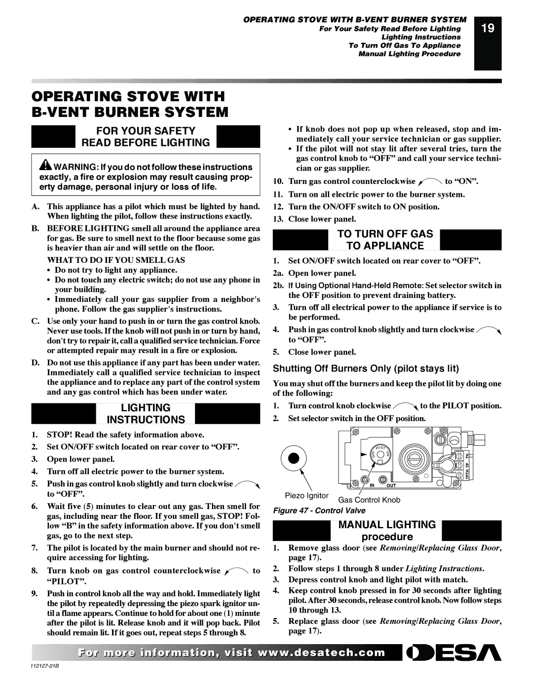 Desa SBVBP Operating Stove with B-VENT Burner System, For Your Safety Read Before Lighting, Lighting Instructions 