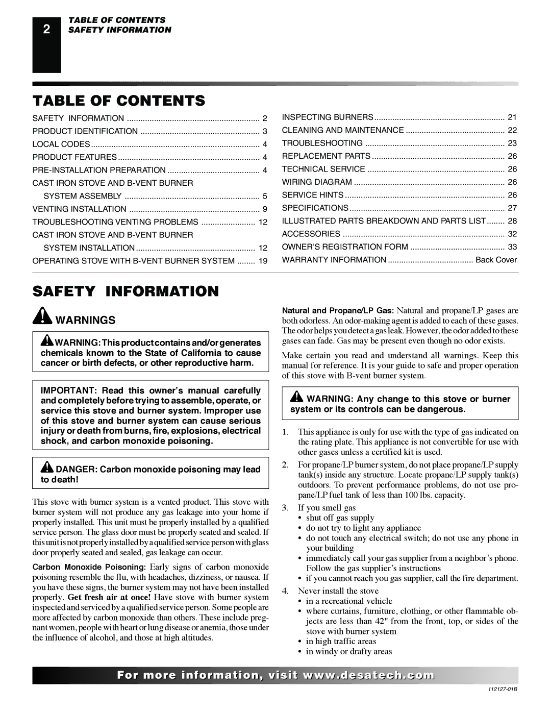 Desa SBVBP installation manual Table of Contents, Safety Information 