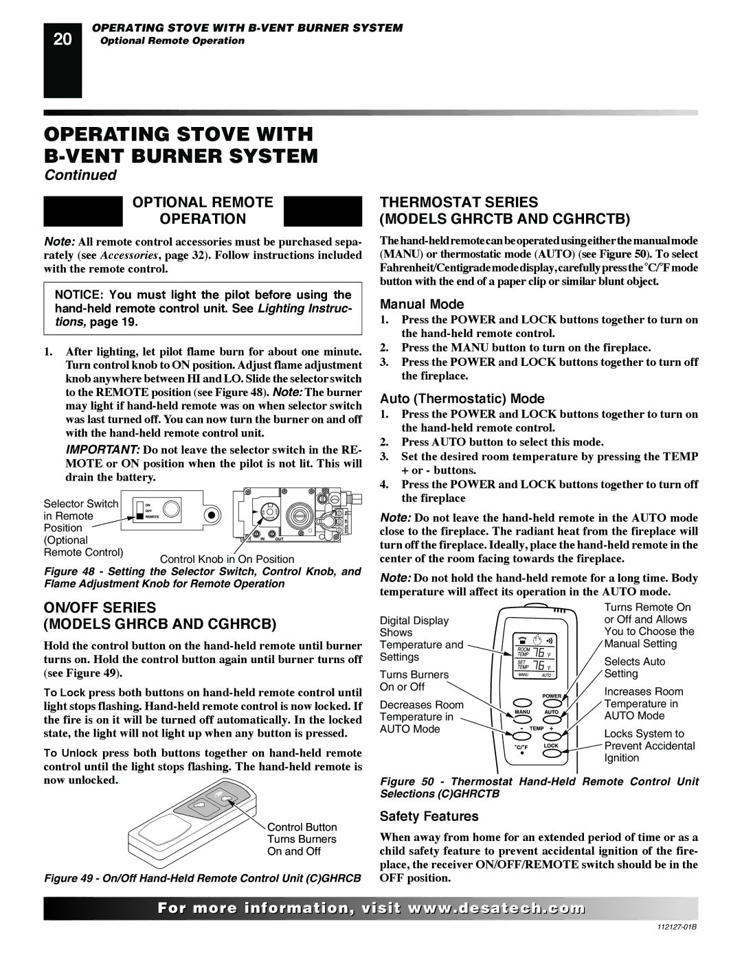 Desa SBVBP installation manual Operating Stove with Vent Burner System, Optional Remote Thermostat Series Operation 