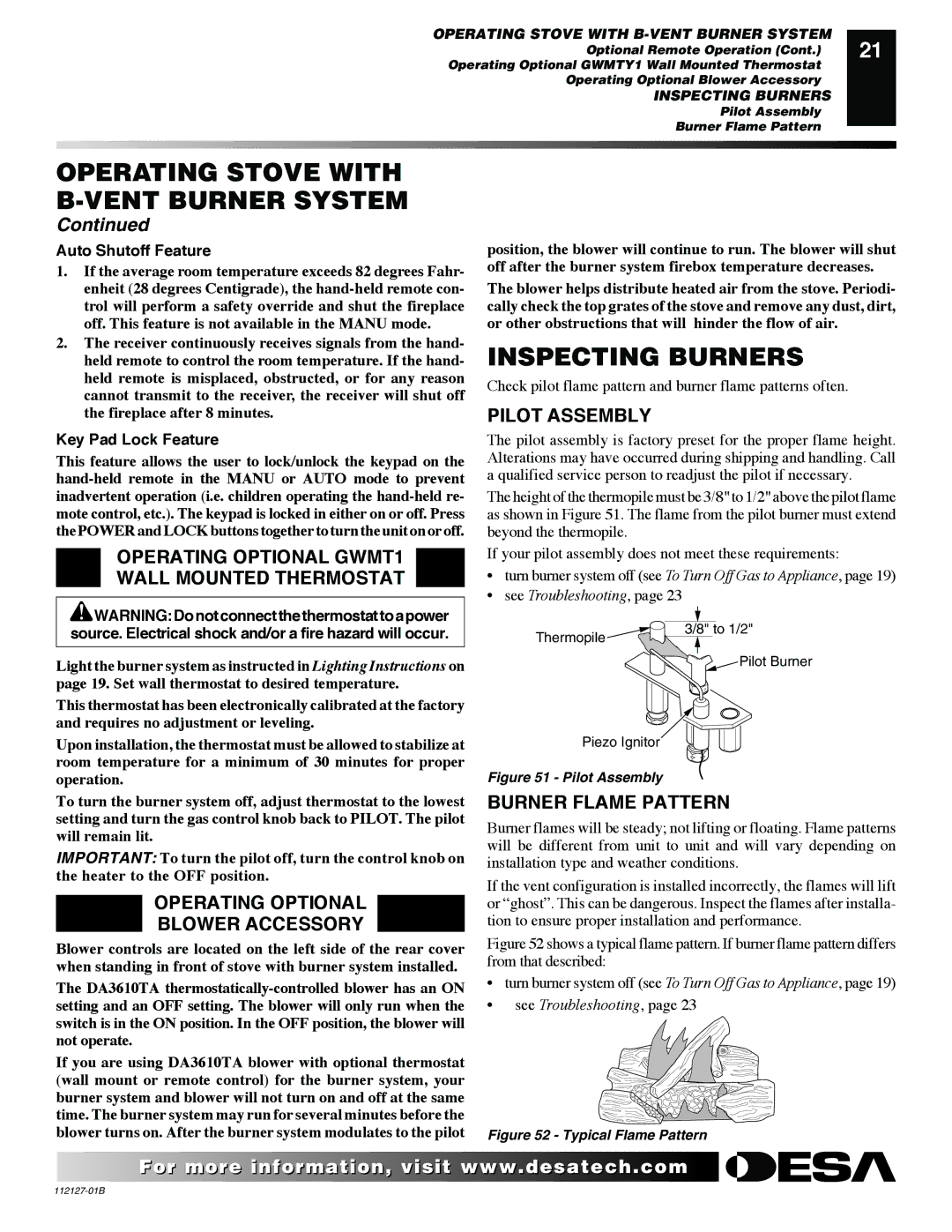 Desa SBVBP Inspecting Burners, Operating Optional GWMT1 Wall Mounted Thermostat, Operating Optional Blower Accessory 