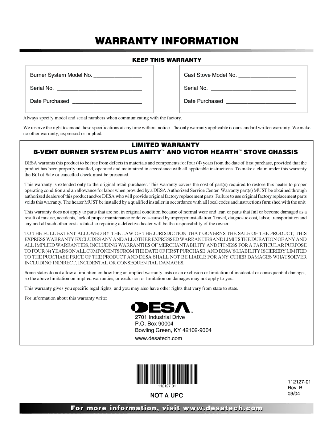 Desa SBVBP installation manual Warranty Information 