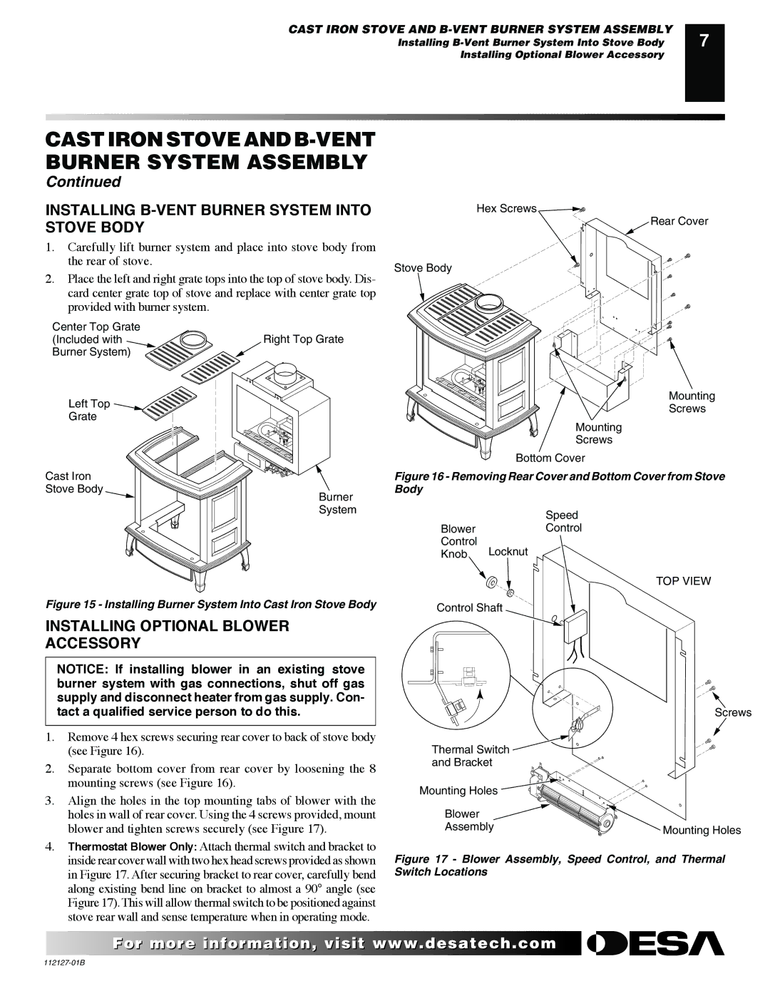 Desa SBVBP installation manual Installing B-VENT Burner System Into Stove Body, Installing Optional Blower Accessory 