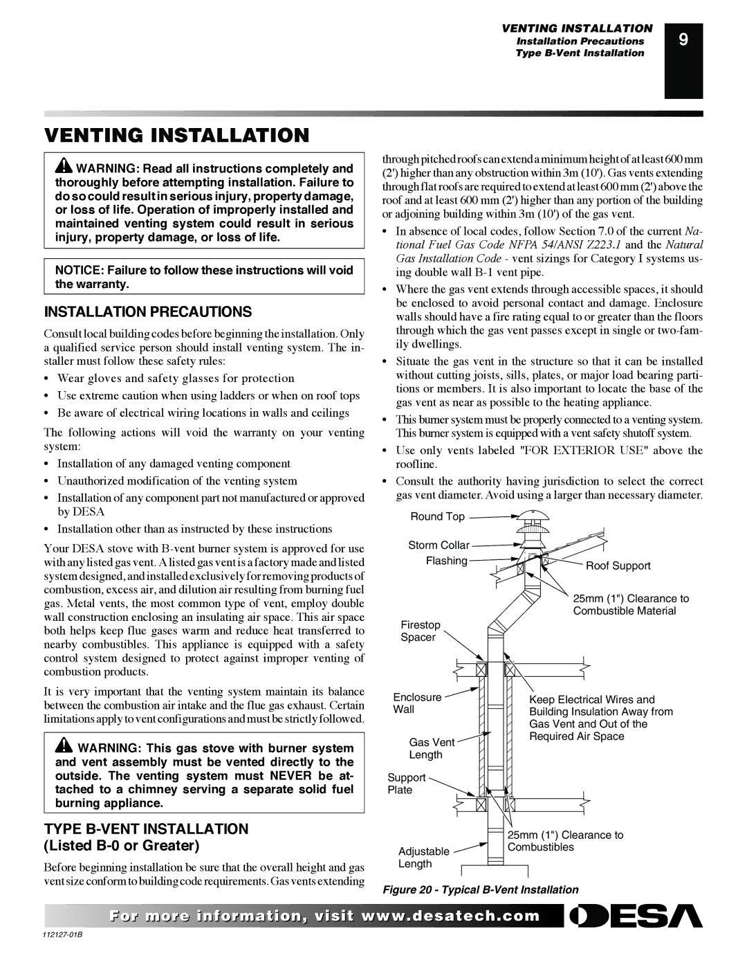 Desa SBVBP installation manual Venting Installation, Installation Precautions 