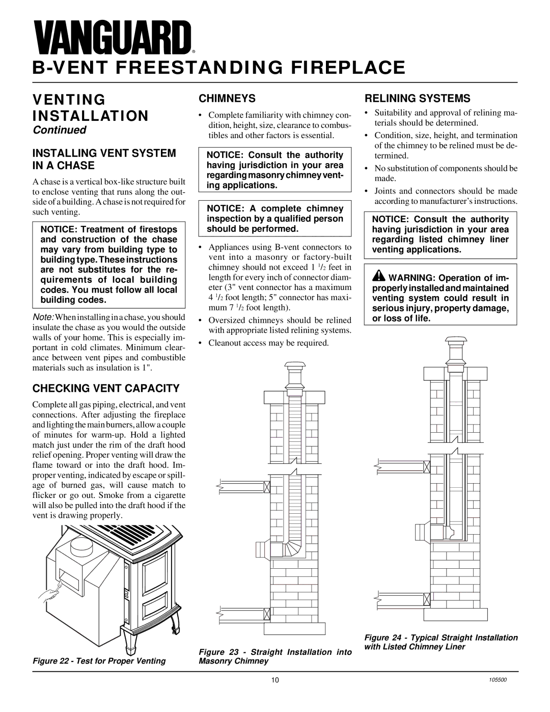 Desa SBVBP(A), SBVBN(A) Installing Vent System in a Chase, Checking Vent Capacity, Chimneys, Relining Systems 