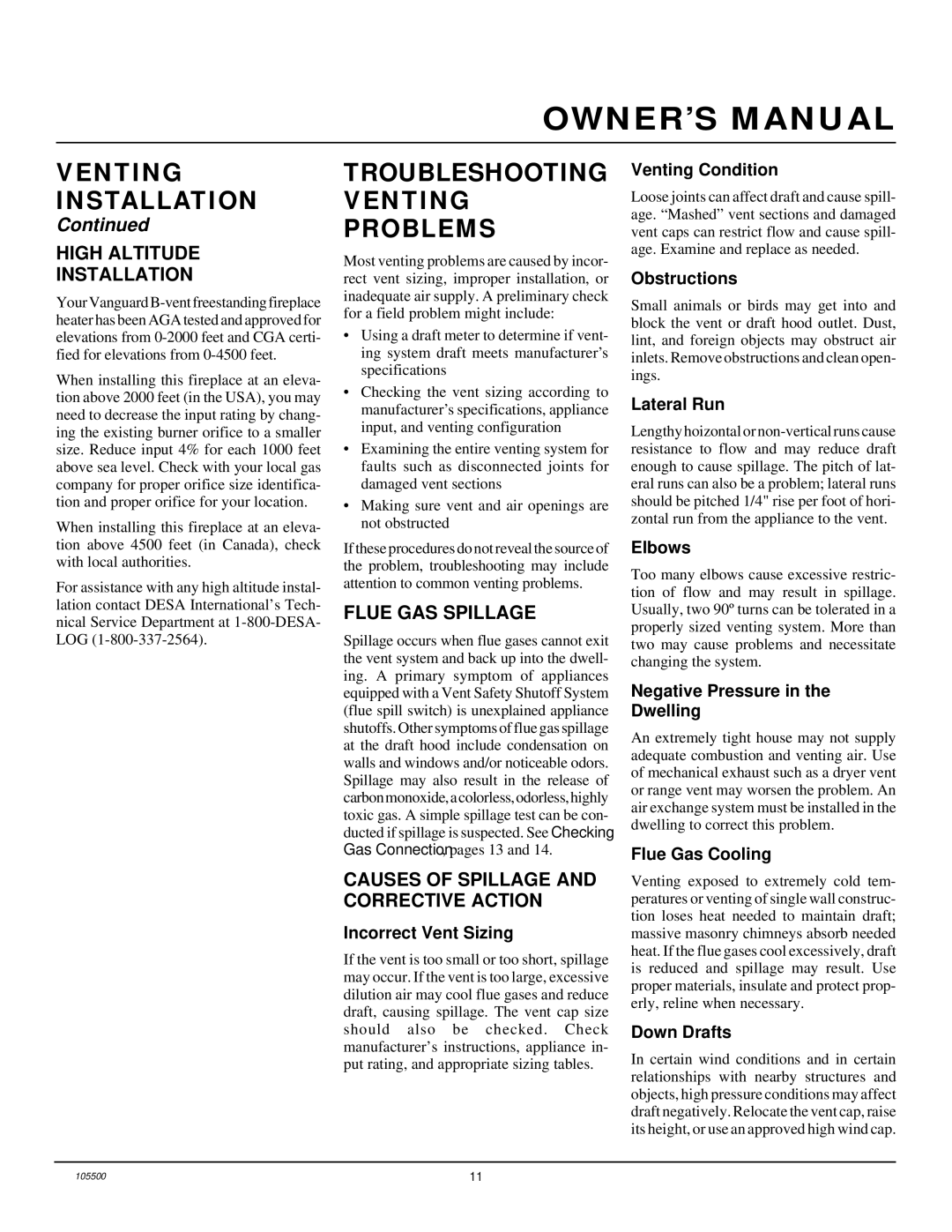 Desa SBVBN(A), SBVBP(A) installation manual Troubleshooting Venting Problems, High Altitude Installation, Flue GAS Spillage 