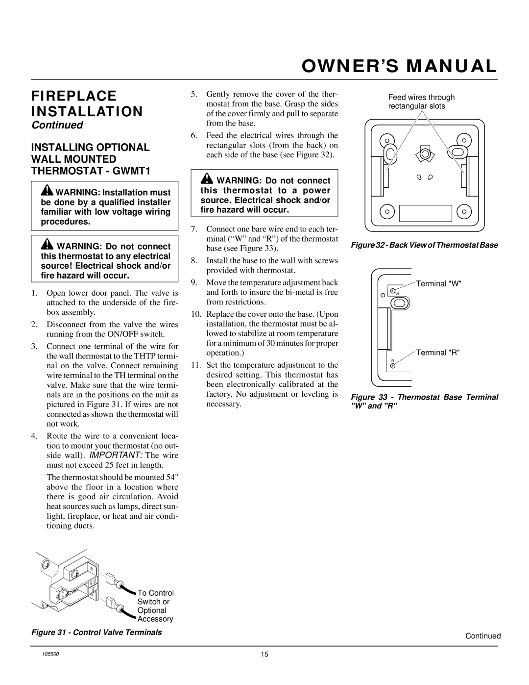 Desa SBVBN(A), SBVBP(A) installation manual Installing Optional Wall Mounted Thermostat GWMT1, Back View of Thermostat Base 