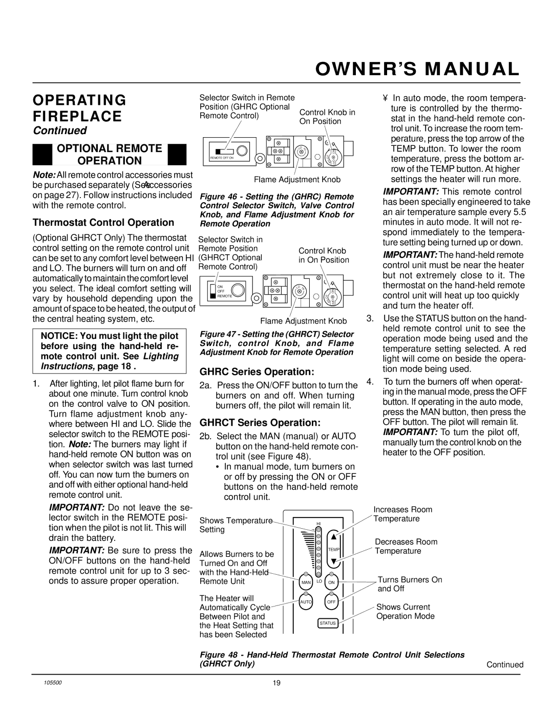 Desa SBVBN(A) Optional Remote Operation, Thermostat Control Operation, Ghrc Series Operation, Ghrct Series Operation 