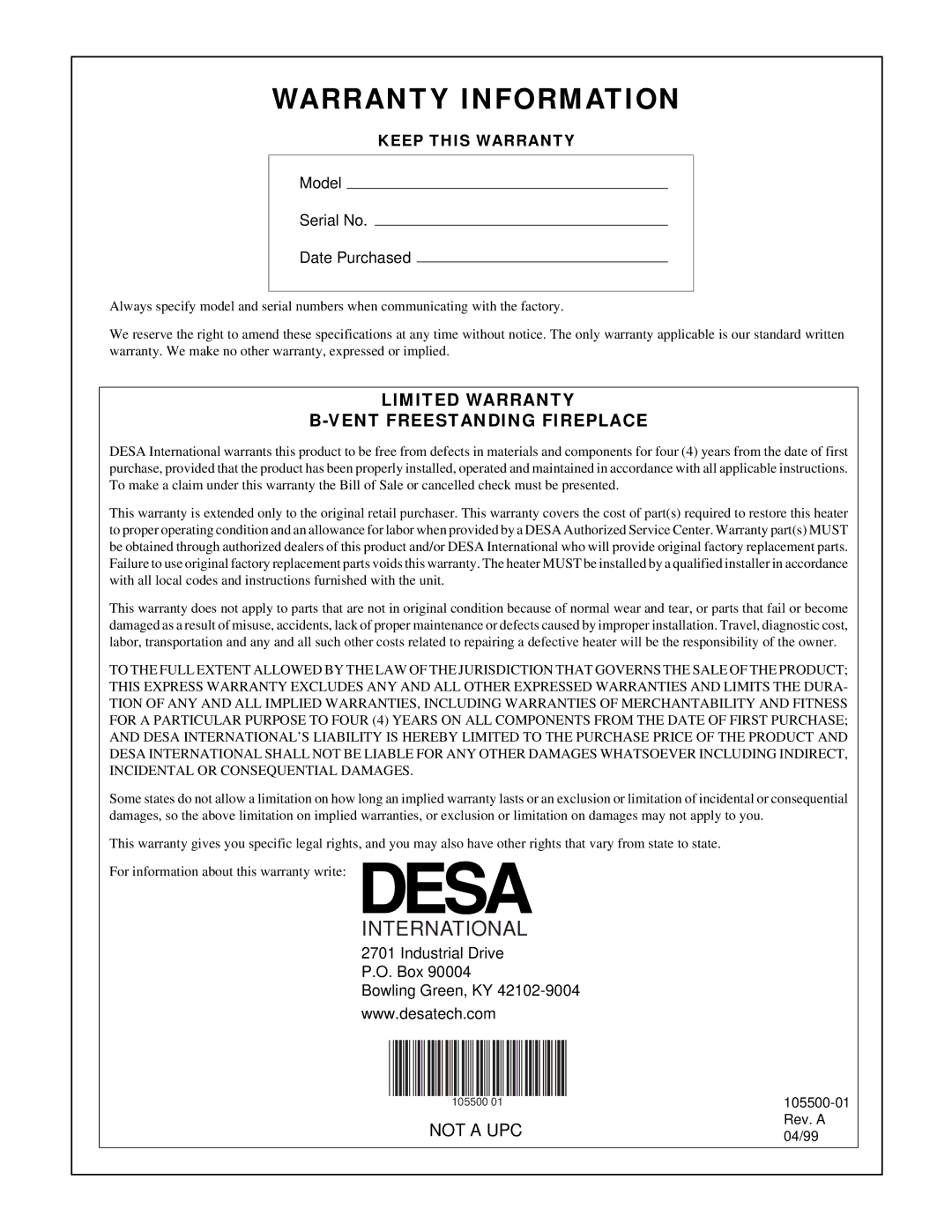 Desa SBVBP(A), SBVBN(A) installation manual Warranty Information 