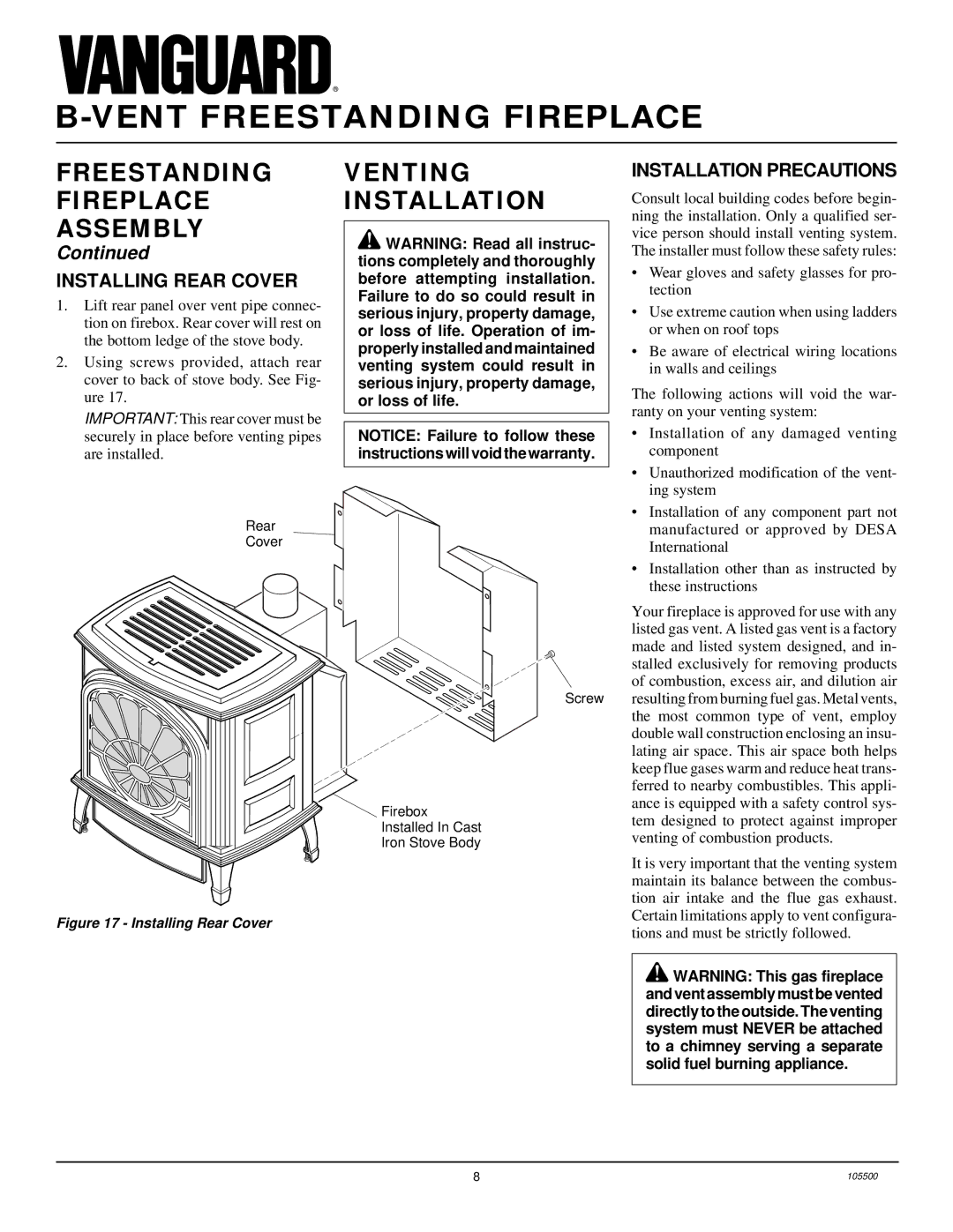 Desa SBVBP(A), SBVBN(A) installation manual Venting Installation, Installing Rear Cover, Installation Precautions 