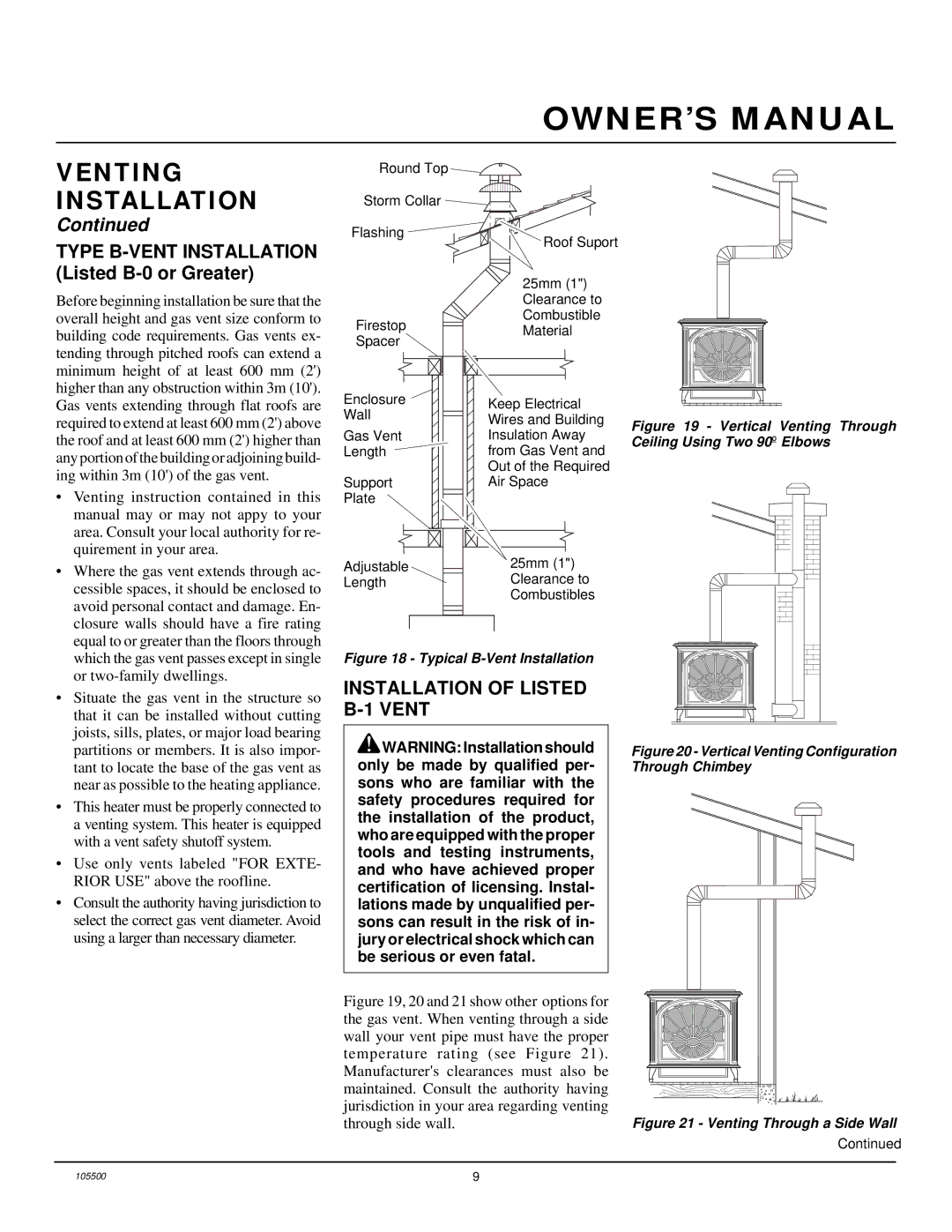 Desa SBVBN(A), SBVBP(A) installation manual Installation of Listed B-1 Vent, Type B-VENT Installation Listed B-0 or Greater 