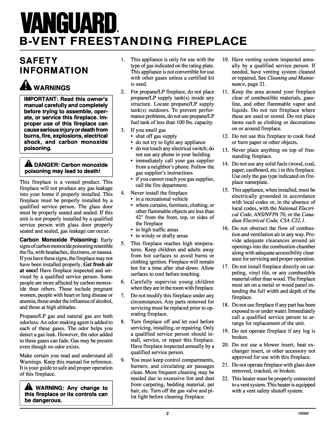 Desa SBVBP(A), SBVBN(A) installation manual B-Ventfreestanding Fireplace, Safety Information, Warnings 