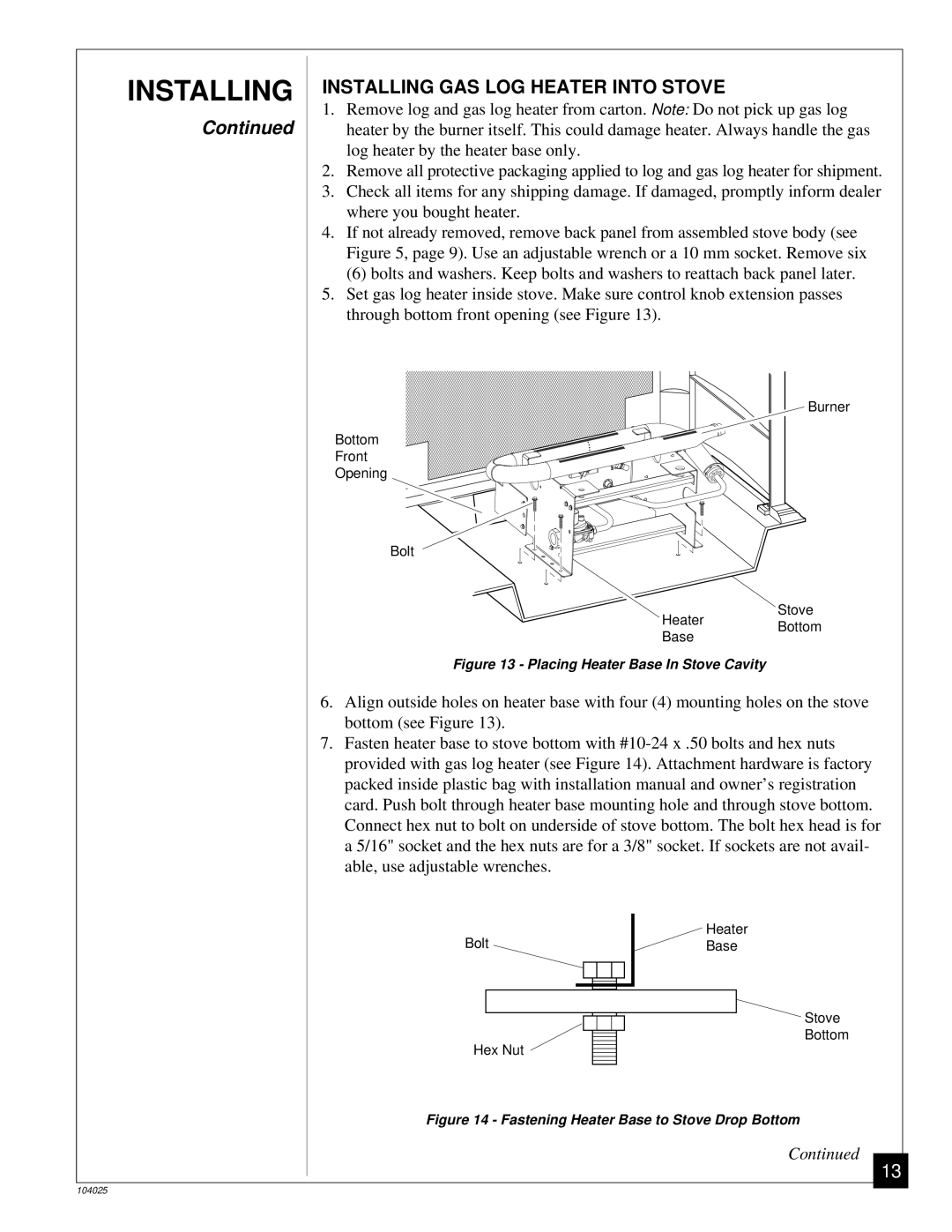 Desa SCIVFR, SCIVFB, SCIVFG, SCIVFC Installing Installing GAS LOG Heater Into Stove, Placing Heater Base In Stove Cavity 