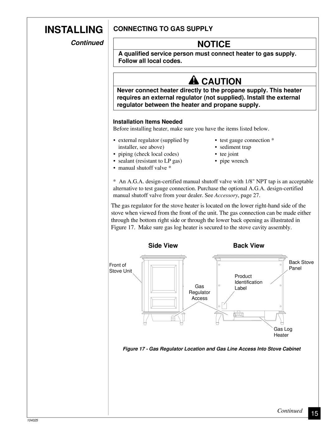 Desa SCIVFC, SCIVFB, SCIVFR, SCIVFG installation manual Connecting to GAS Supply, Back View 