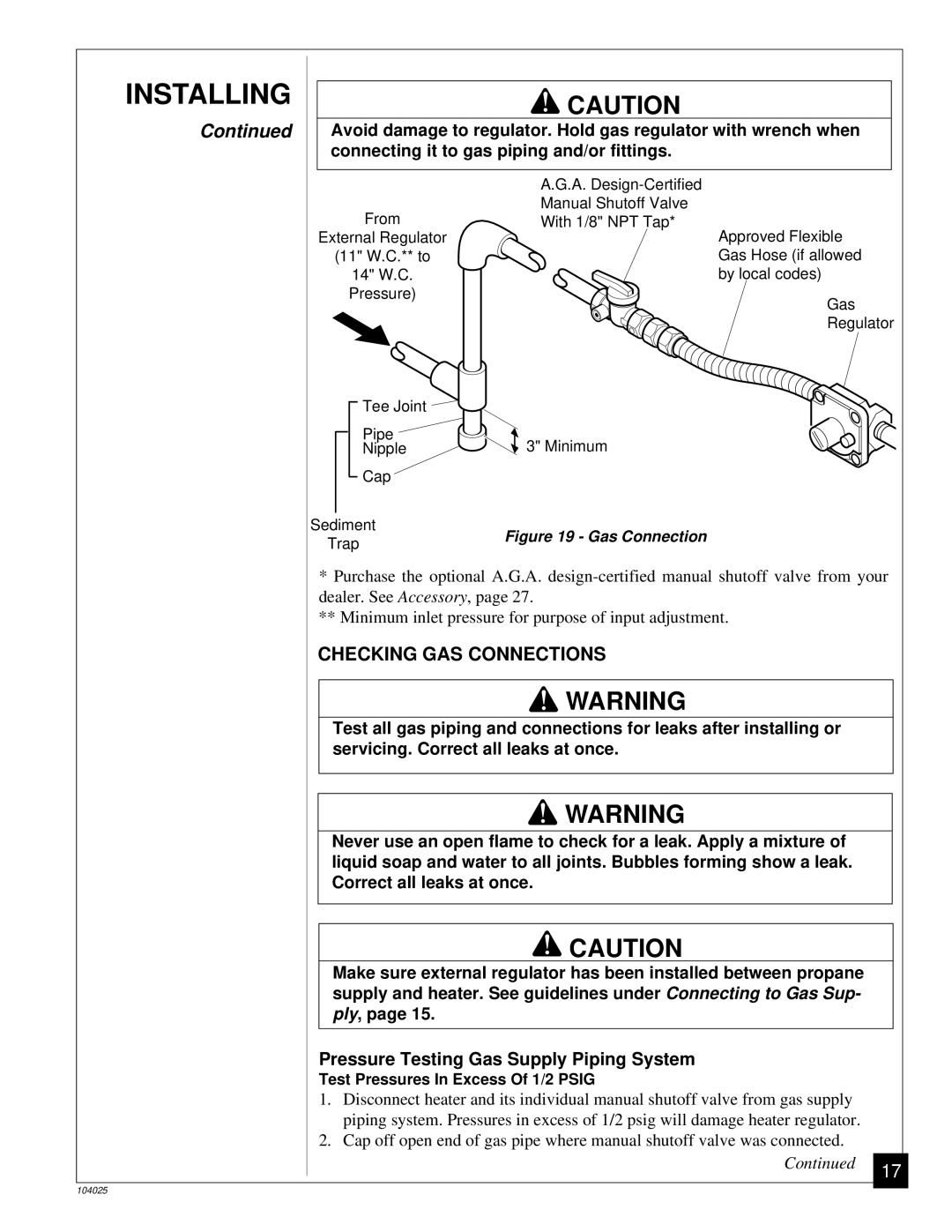 Desa SCIVFR, SCIVFB, SCIVFG, SCIVFC installation manual Checking GAS Connections, Connecting it to gas piping and/or fittings 