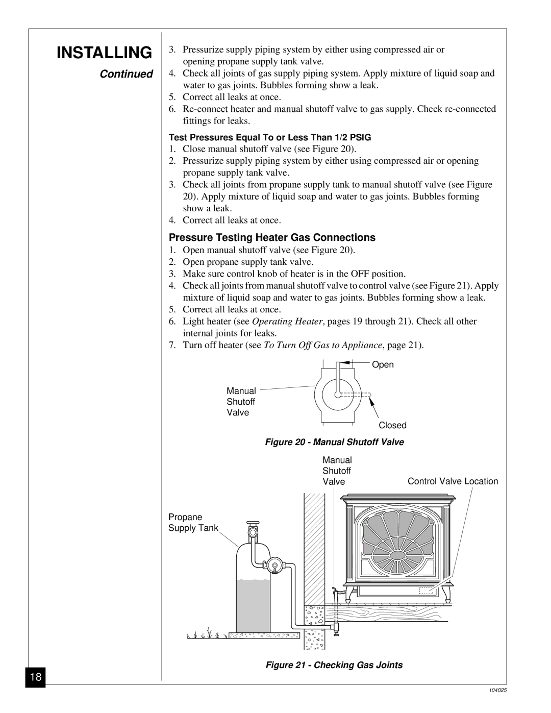 Desa SCIVFG, SCIVFB, SCIVFR, SCIVFC installation manual Pressure Testing Heater Gas Connections, Manual Shutoff Valve 