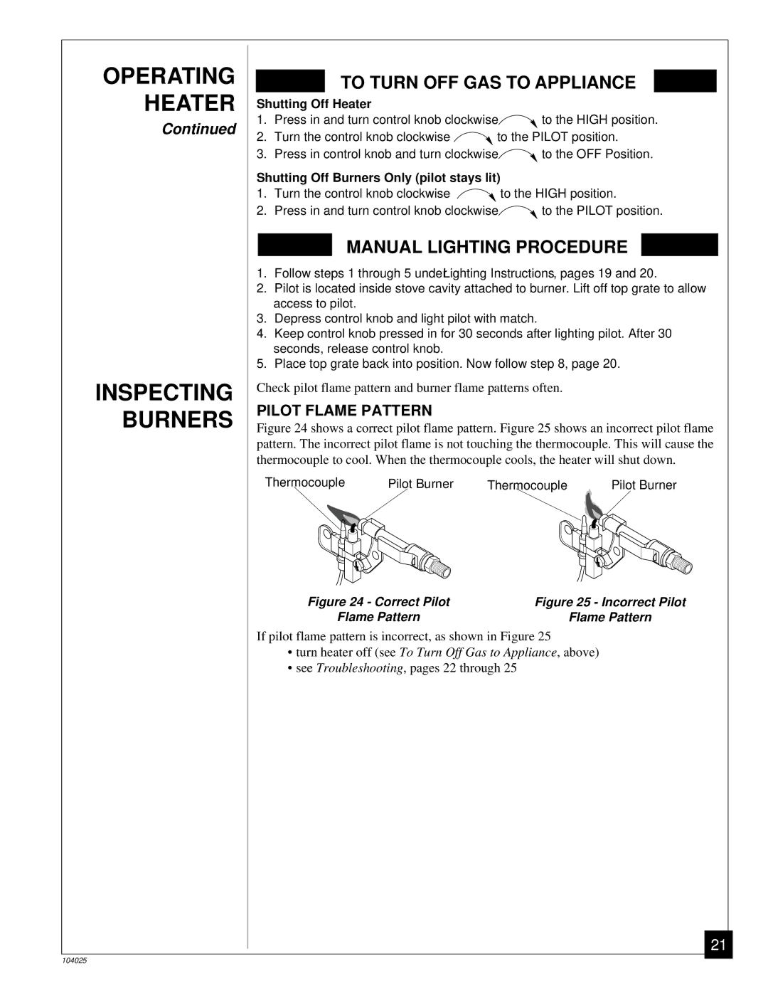 Desa SCIVFR, SCIVFB, SCIVFG, SCIVFC installation manual Operating Heater Inspecting Burners, Pilot Flame Pattern 