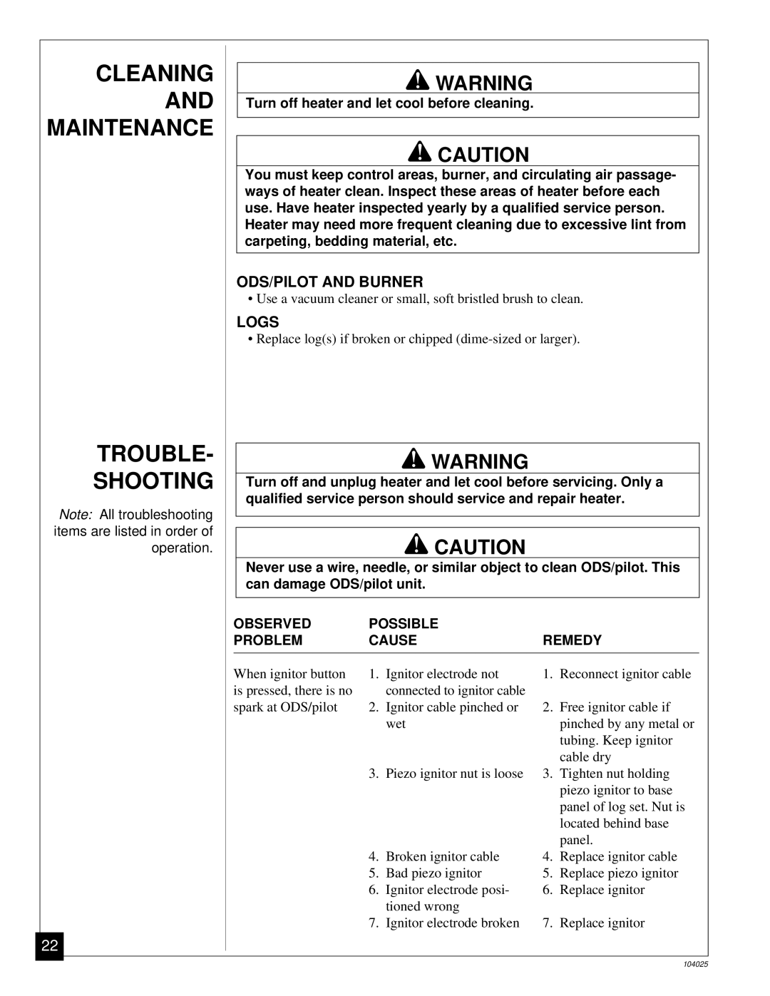 Desa SCIVFG, SCIVFB, SCIVFR, SCIVFC installation manual Cleaning and Maintenance Trouble Shooting, ODS/PILOT and Burner, Logs 