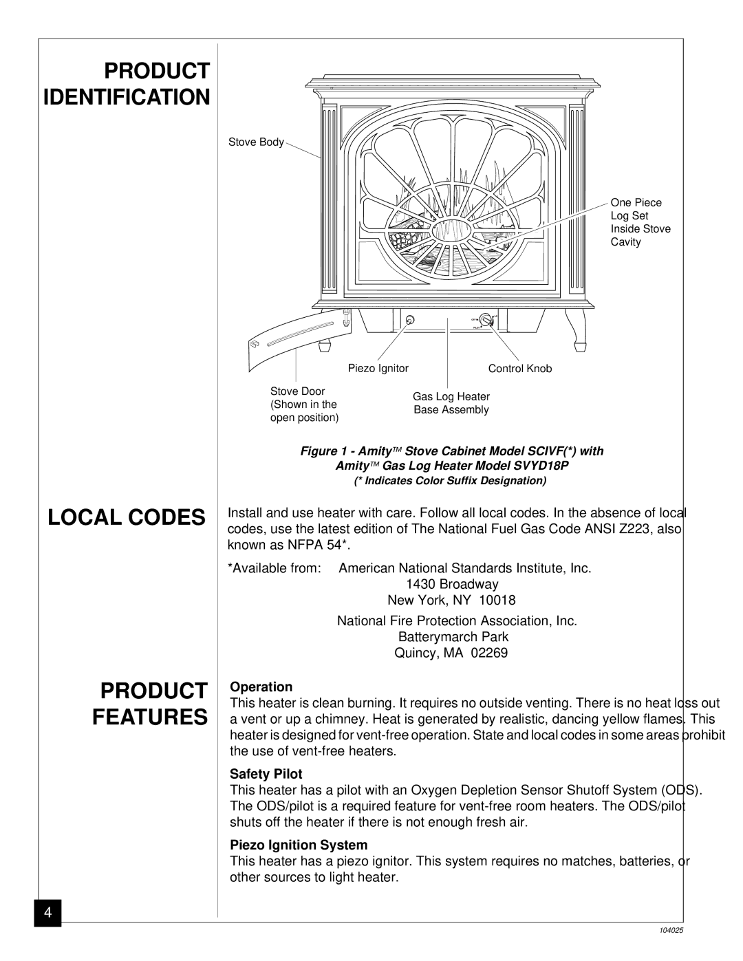 Desa SCIVFB, SCIVFR, SCIVFG, SCIVFC Local Codes Product Features, Operation, Safety Pilot, Piezo Ignition System 