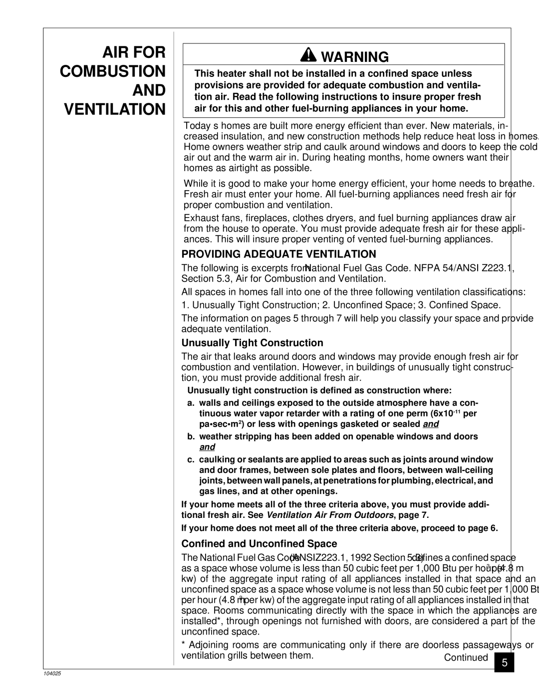 Desa SCIVFR, SCIVFB, SCIVFG, SCIVFC installation manual AIR for Combustion, Providing Adequate Ventilation 