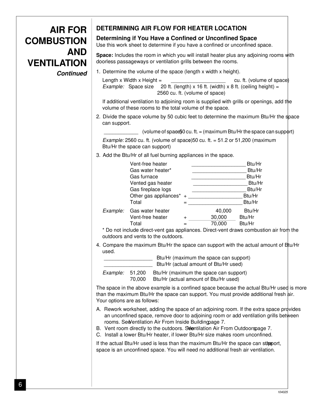 Desa SCIVFG, SCIVFB, SCIVFR, SCIVFC AIR for Combustion and Ventilation, Determining AIR Flow for Heater Location 