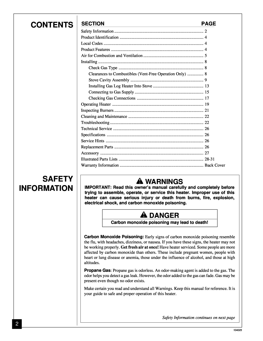 Desa SCIVFG, SCIVFB, SCIVFR, SCIVFC Contents Safety Information, Warnings, Danger, Safety Information continues on next page 