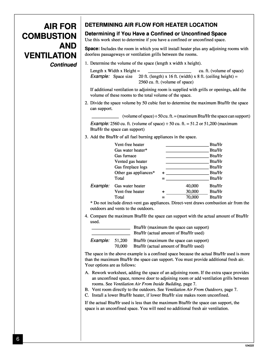 Desa SCIVFG Air For Combustion And Ventilation, Continued, Determining Air Flow For Heater Location, Example 51,200 