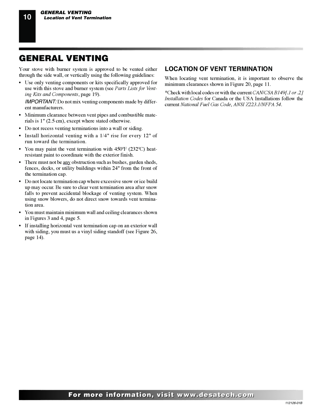 Desa SDVBND, SDVBPD installation manual General Venting, Location of Vent Termination 