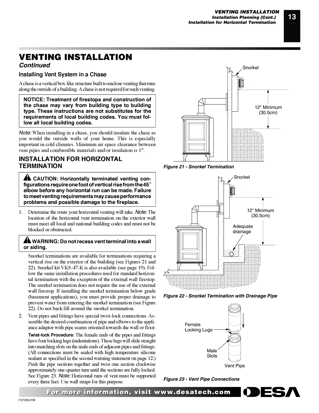 Desa SDVBPD, SDVBND installation manual Installation for Horizontal Termination, Installing Vent System in a Chase 