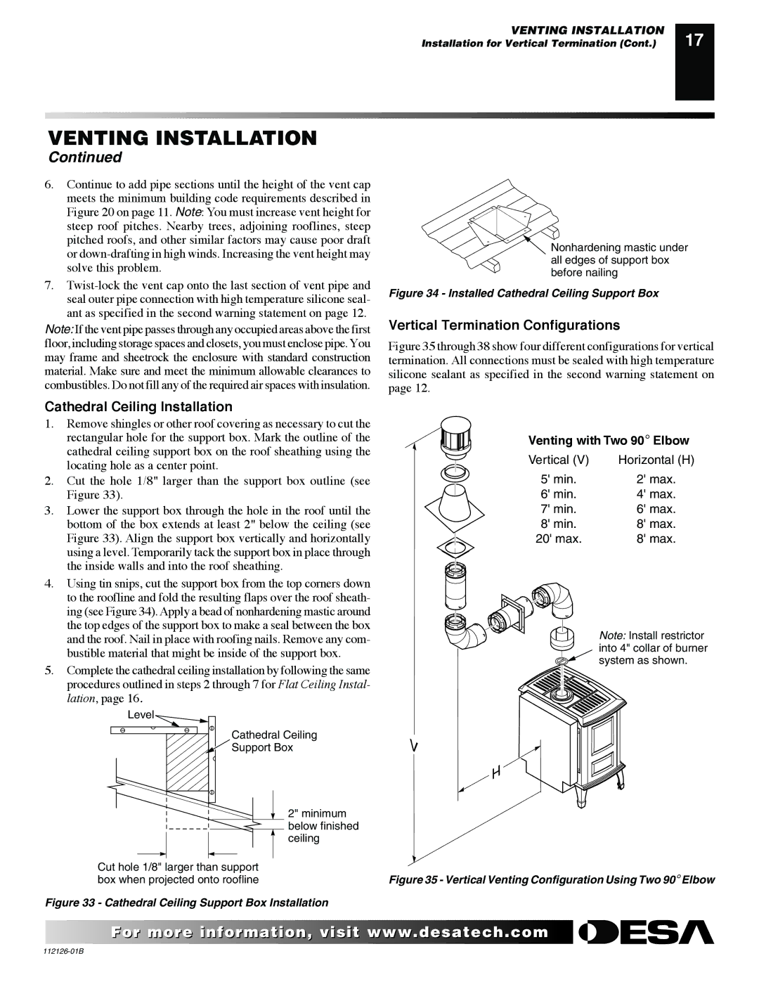 Desa SDVBPD, SDVBND Cathedral Ceiling Installation, Vertical Termination Configurations, Venting with Two 90 Elbow 