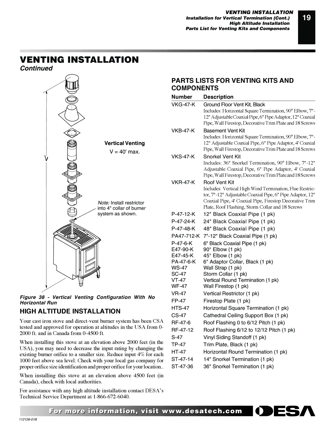 Desa SDVBPD High Altitude Installation, Parts Lists for Venting Kits and Components, Vertical Venting, Number Description 