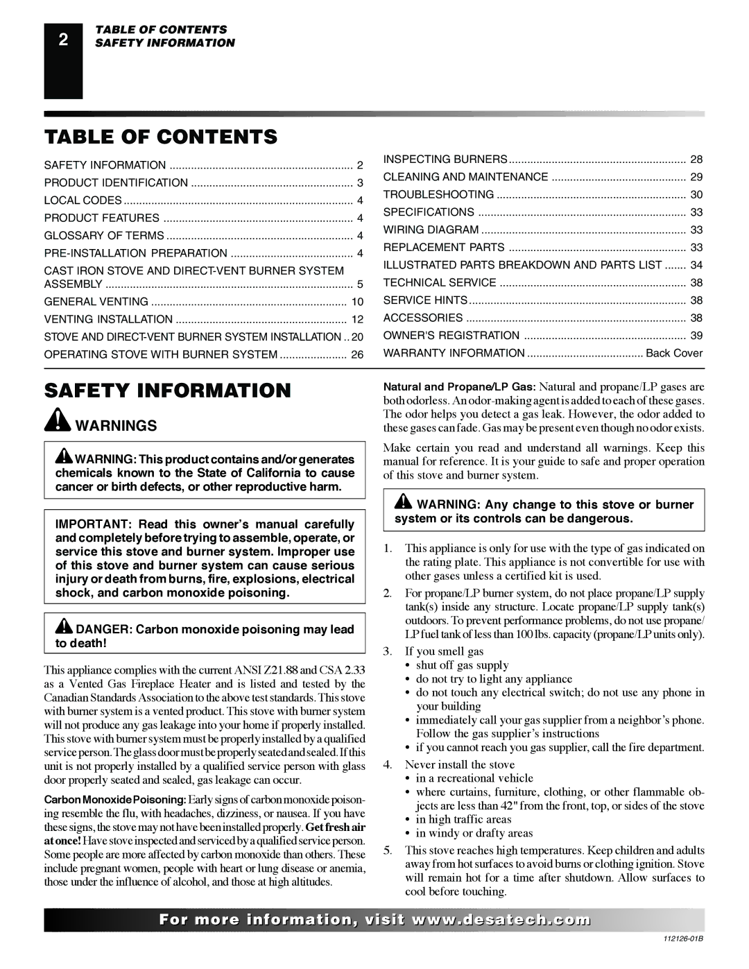 Desa SDVBND, SDVBPD installation manual Table of Contents, Safety Information 