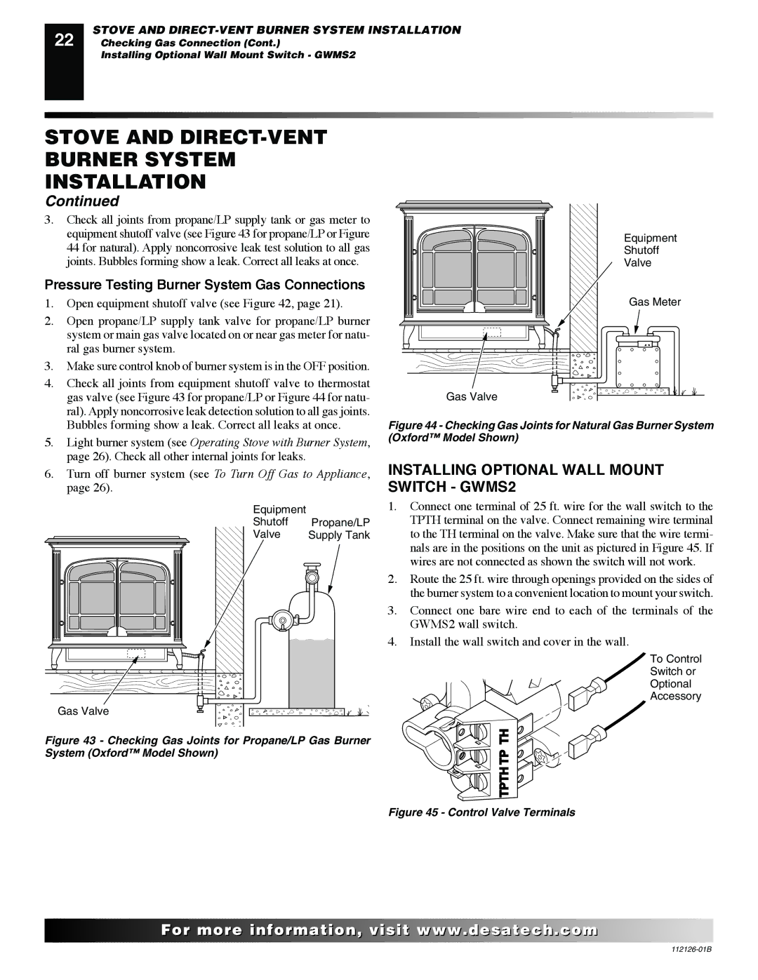 Desa SDVBND, SDVBPD Installing Optional Wall Mount Switch GWMS2, Pressure Testing Burner System Gas Connections 