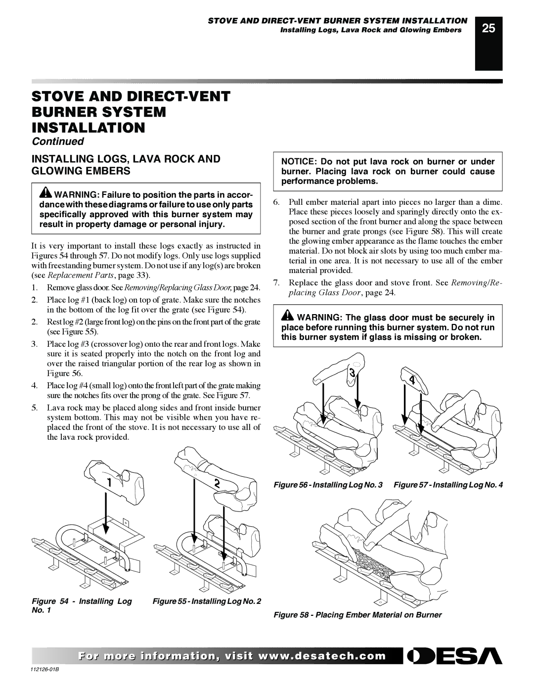 Desa SDVBPD, SDVBND installation manual Installing LOGS, Lava Rock and Glowing Embers, Installing Log No Installing Log No 