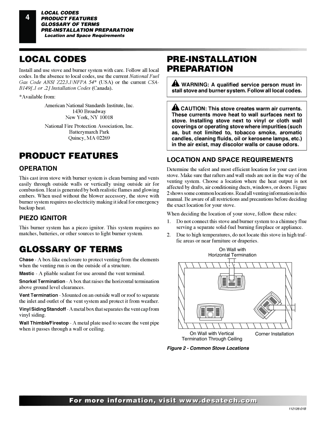 Desa SDVBND, SDVBPD installation manual Local Codes, PRE-INSTALLATION Preparation Product Features, Glossary of Terms 