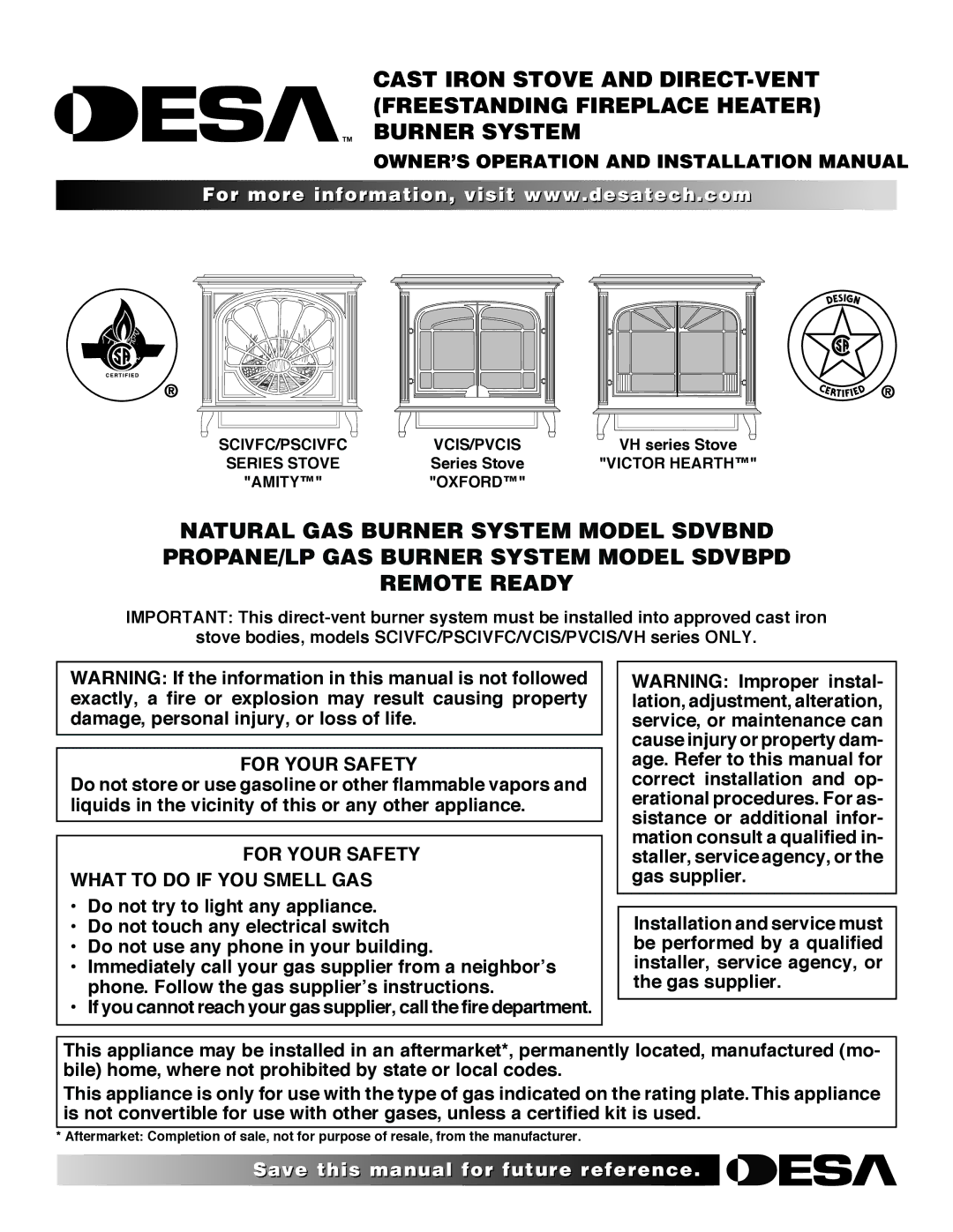 Desa SDVBPD installation manual OWNER’S Operation and Installation Manual, For Your Safety, VH series Stove, Series Stove 