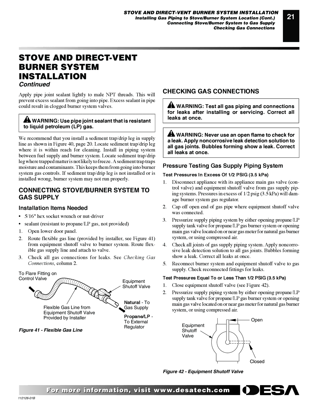 Desa SDVBPD, SDVBND installation manual Connecting STOVE/BURNER System to GAS Supply, Checking GAS Connections 