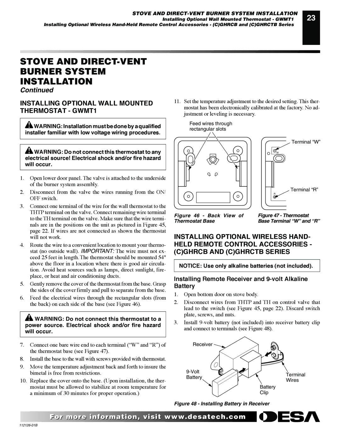 Desa SDVBPD Installing Optional Wall Mounted Thermostat GWMT1, Installing Remote Receiver and 9-volt Alkaline Battery 