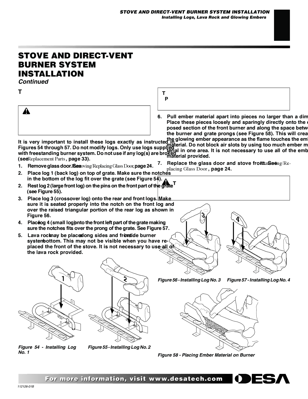 Desa SDVBPD, SDVBND installation manual Installing LOGS, Lava Rock and Glowing Embers, Installing Log No Installing Log No 