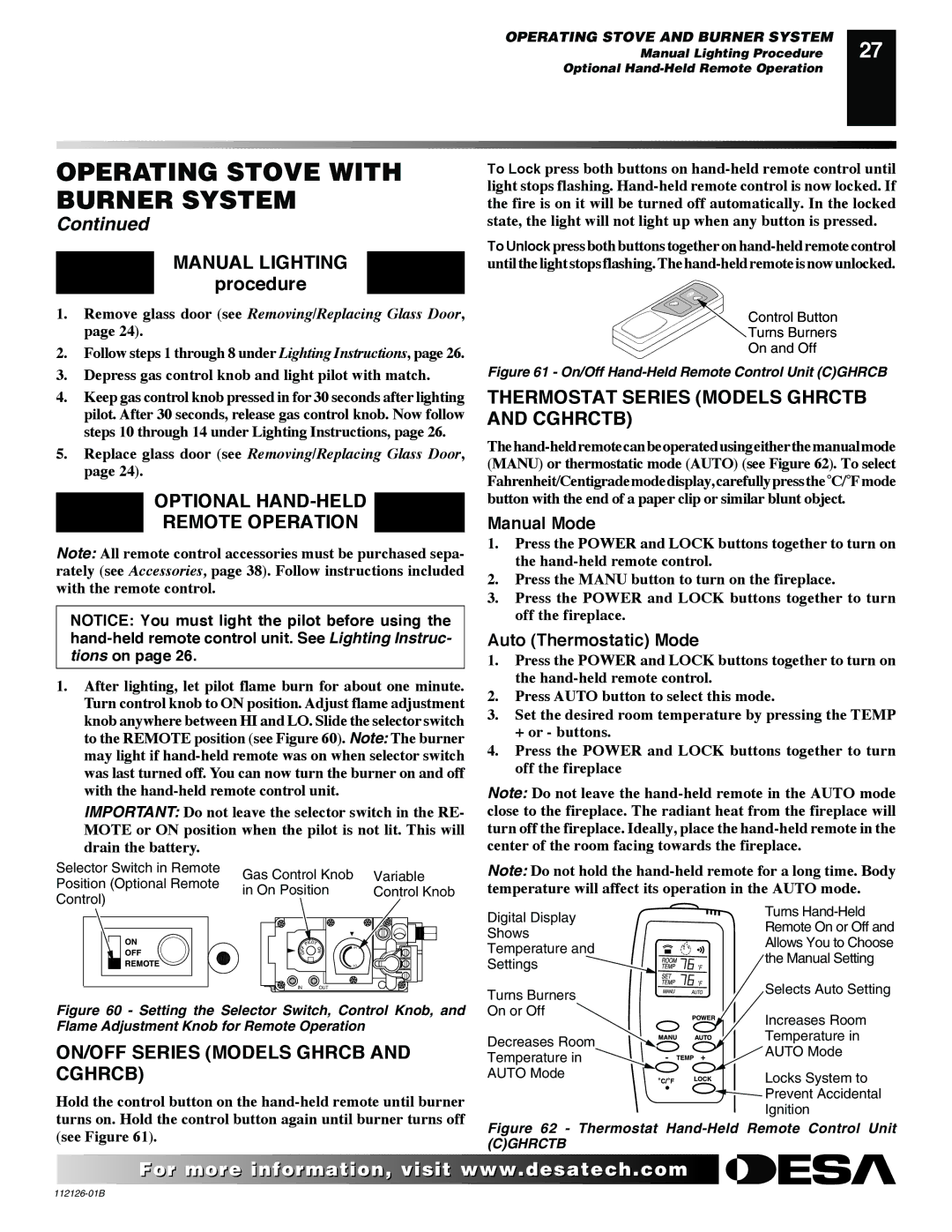 Desa SDVBPD, SDVBND Manual Lighting, Optional HAND-HELD Remote Operation, ON/OFF Series Models Ghrcb and Cghrcb 