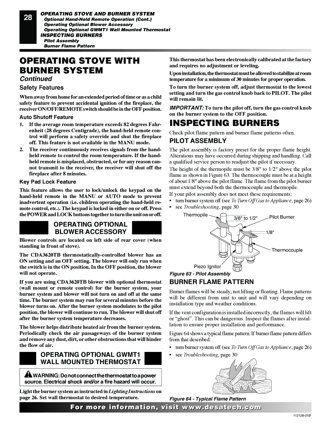 Desa SDVBND Inspecting Burners, Operating Optional Blower Accessory, Operating Optional GWMT1 Wall Mounted Thermostat 