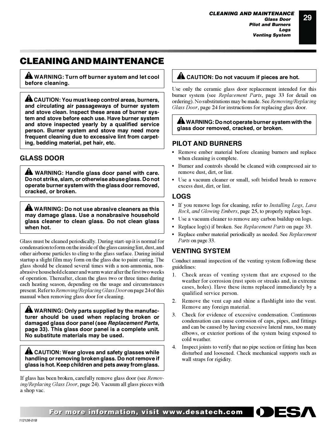 Desa SDVBPD, SDVBND installation manual Cleaning and Maintenance, Glass Door, Pilot and Burners, Logs, Venting System 