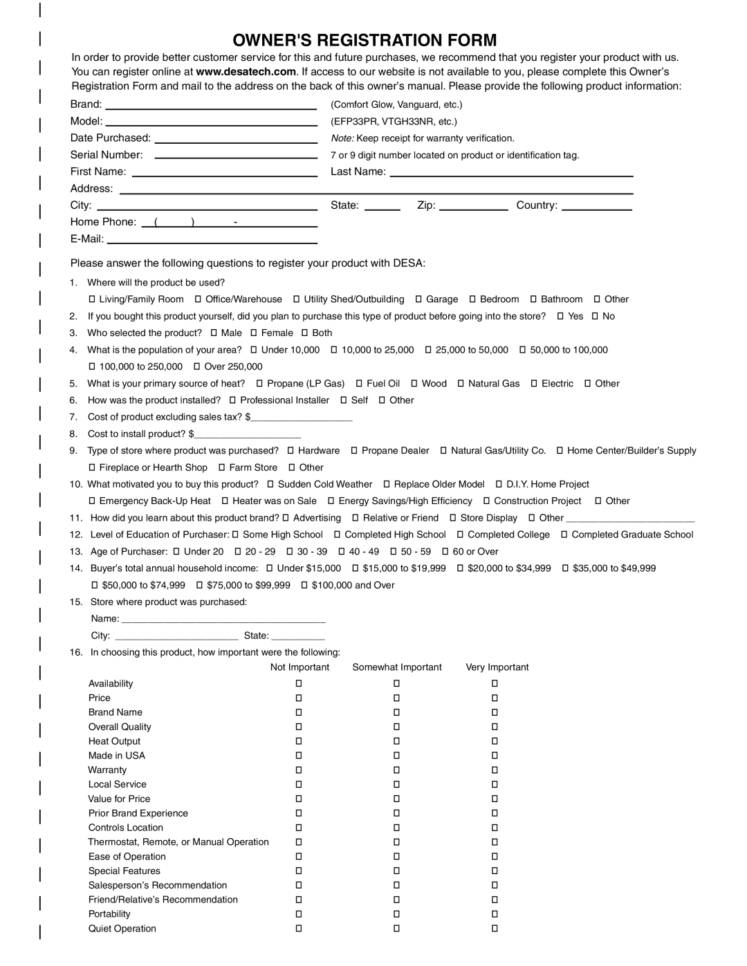 Desa SDVBPD, SDVBND installation manual Owners Registration Form 