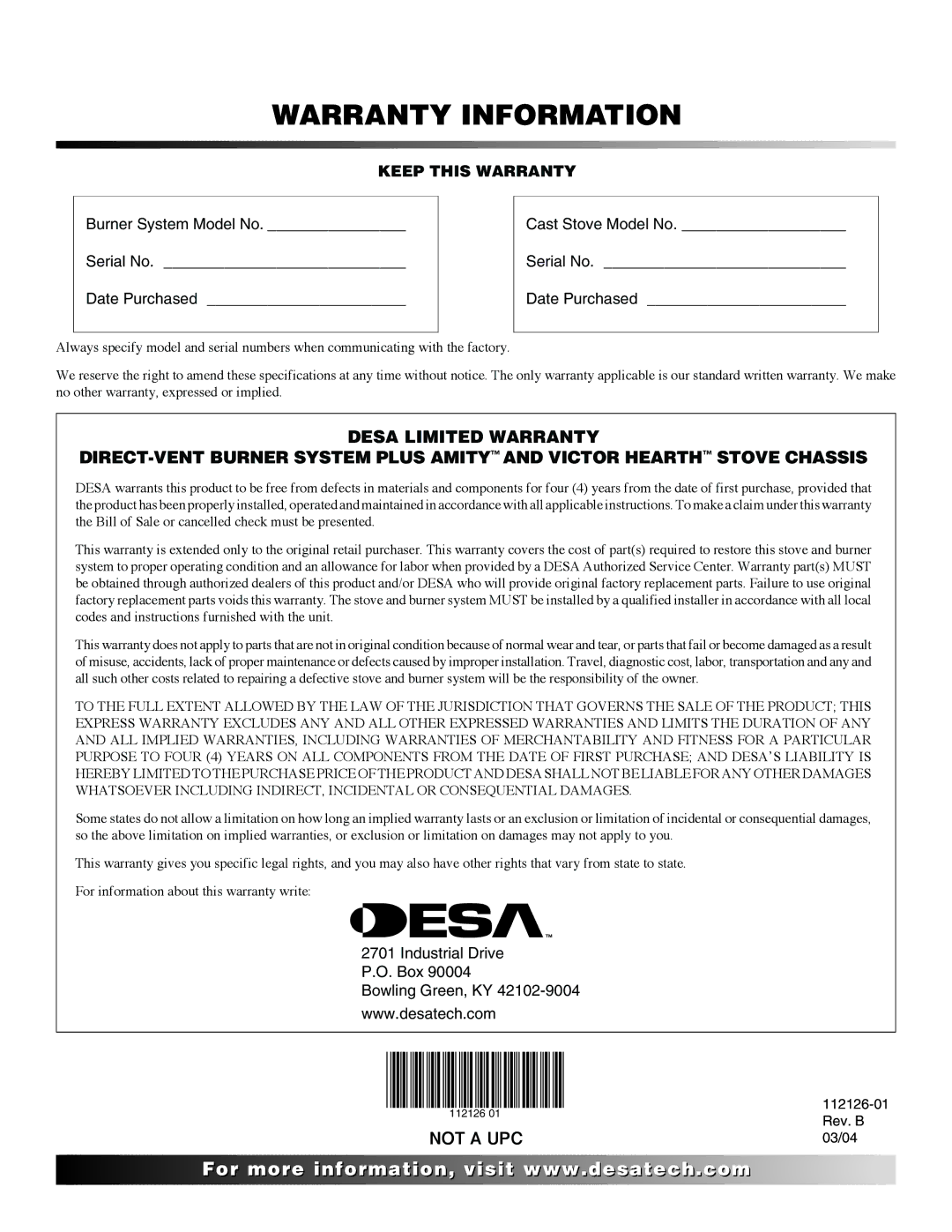 Desa SDVBND, SDVBPD installation manual Warranty Information 