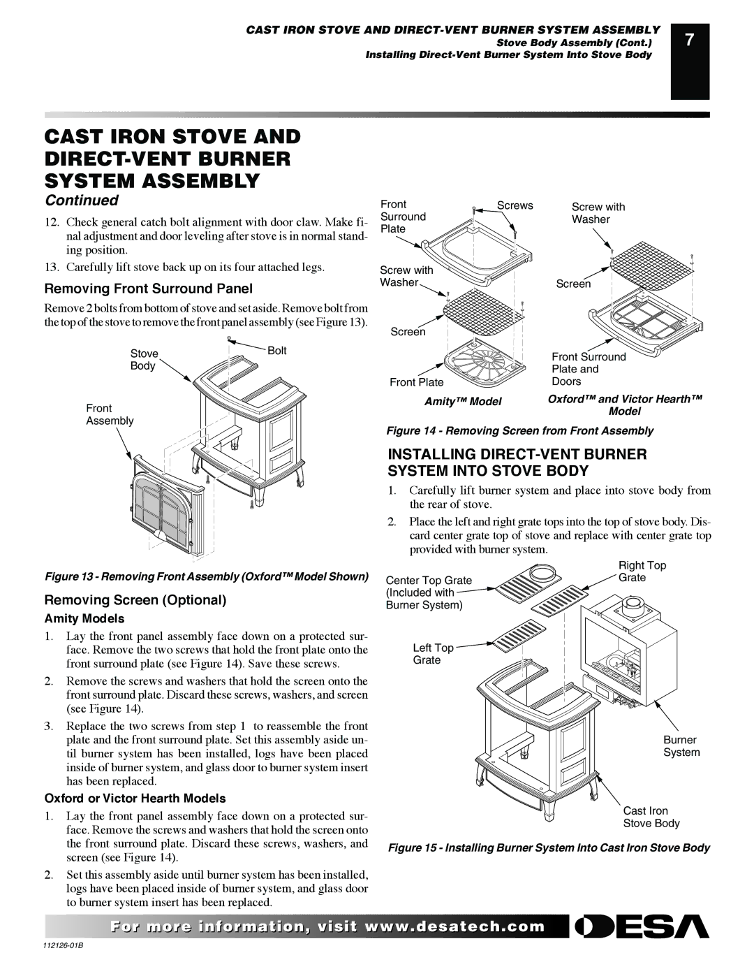 Desa SDVBPD Installing DIRECT-VENT Burner System Into Stove Body, Removing Front Surround Panel, Removing Screen Optional 