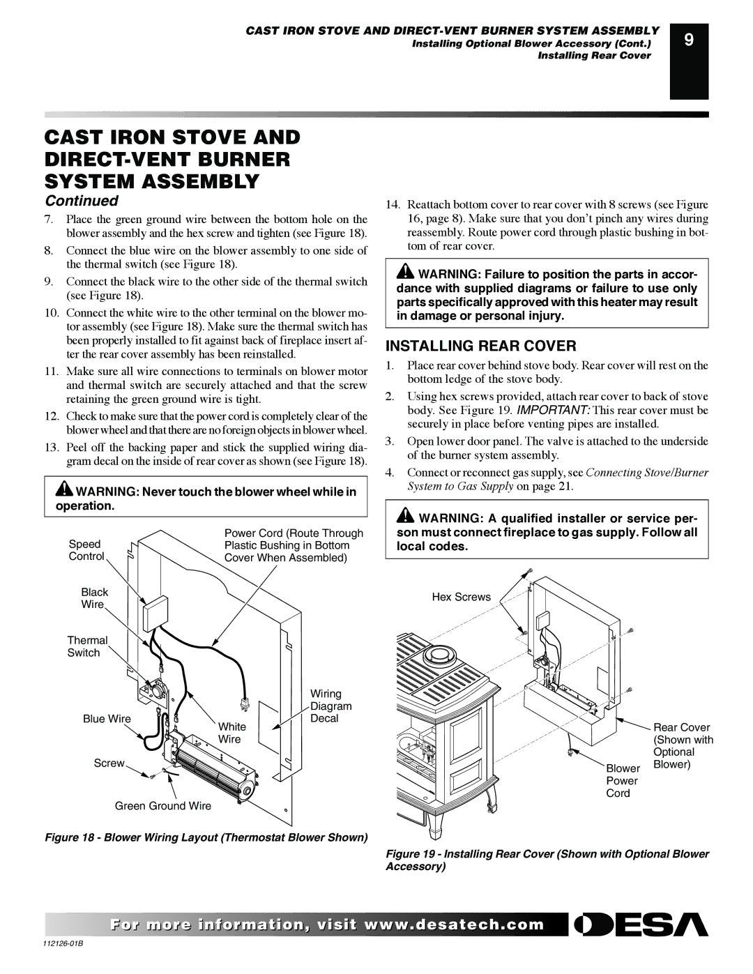 Desa SDVBPD, SDVBND installation manual Installing Rear Cover, Blower Wiring Layout Thermostat Blower Shown 