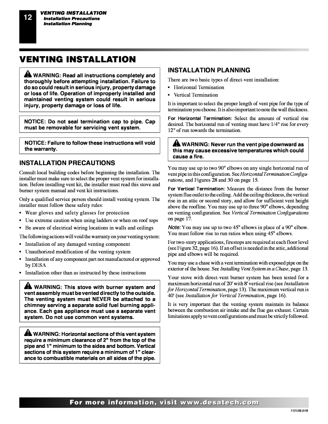 Desa SDVBND, SDVBPD installation manual Venting Installation, Installation Precautions, Installation Planning 