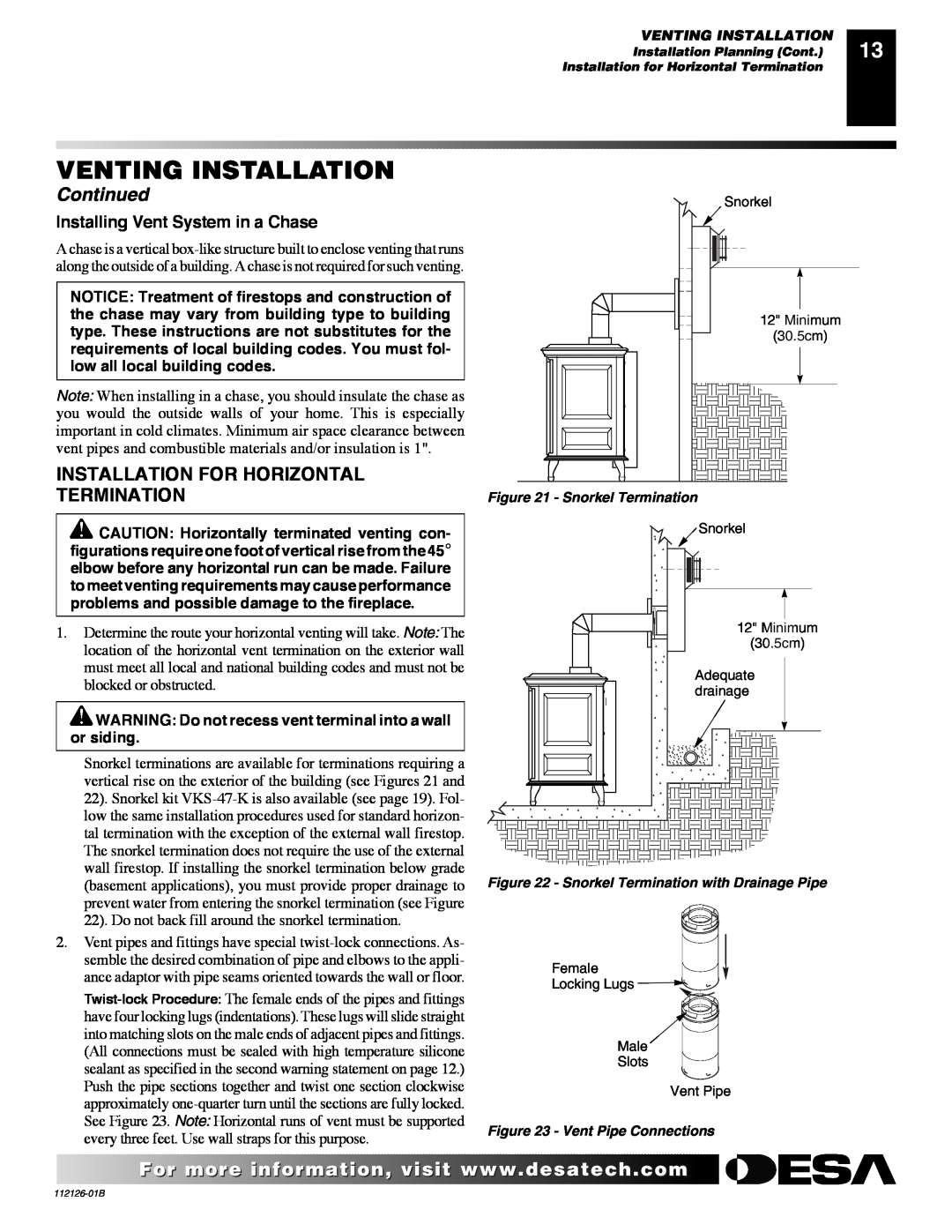 Desa SDVBPD Installation For Horizontal Termination, Venting Installation, Continued, Installing Vent System in a Chase 