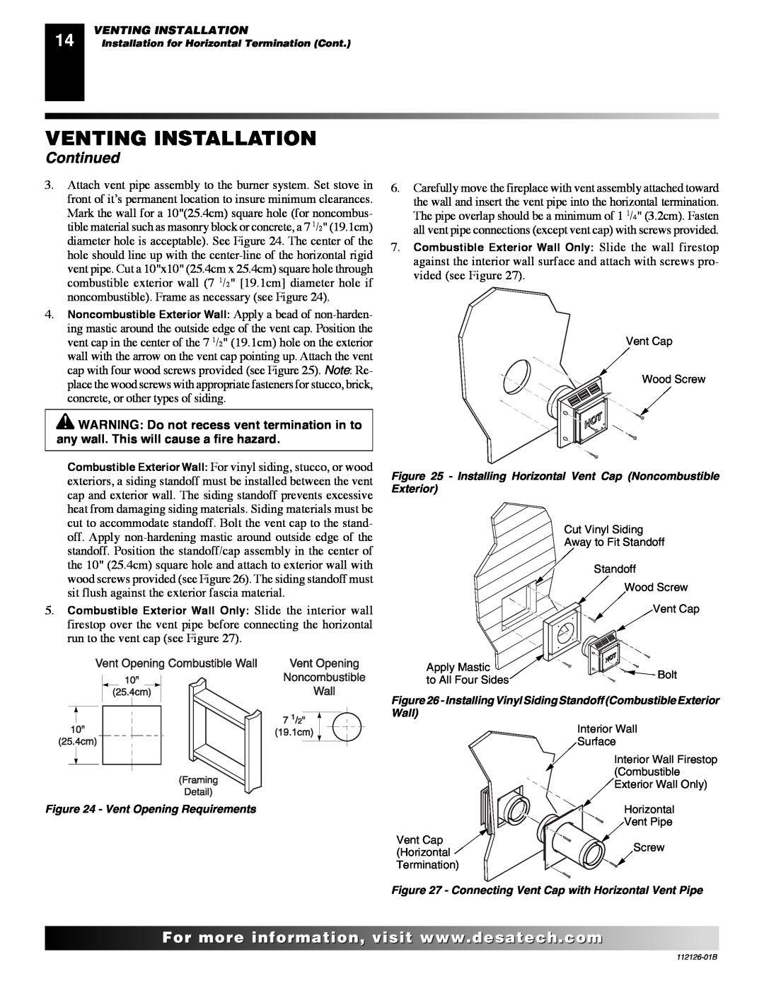 Desa SDVBND, SDVBPD installation manual Venting Installation, Continued, Vent Opening Requirements 