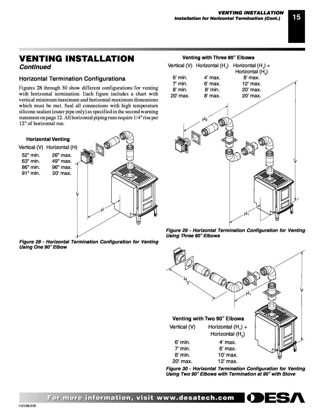 Desa SDVBPD, SDVBND Venting Installation, Continued, Horizontal Termination Configurations, Horizontal Venting 